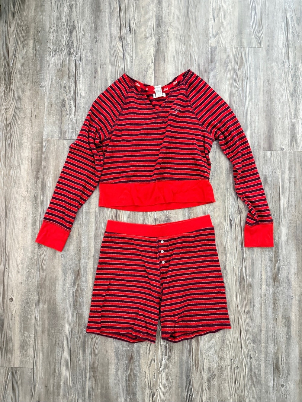 PINK Victoria's Secret Red & Black Striped Two-Piece Pajama Set